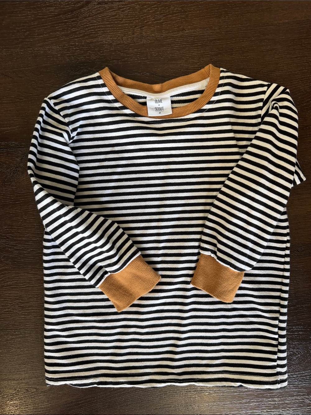 Kids Black & White Striped Long-Sleeve Top with Mustard Trim